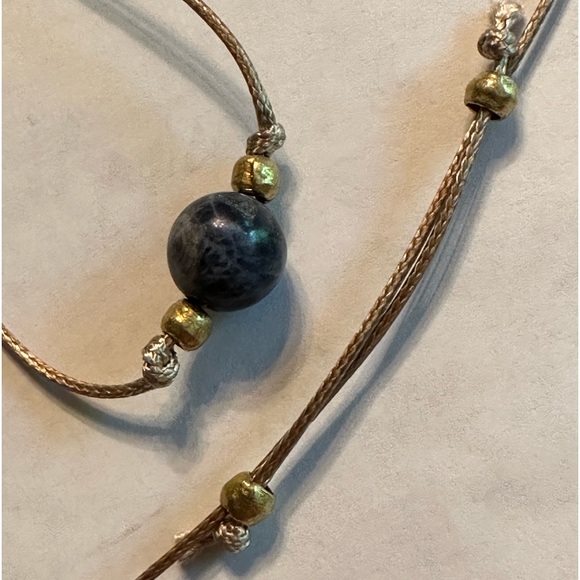 ARTISAN Sodalite and Brass Bead Knotted Golden Tan Cord Adjustable 26” Necklace - Picture 8 of 8